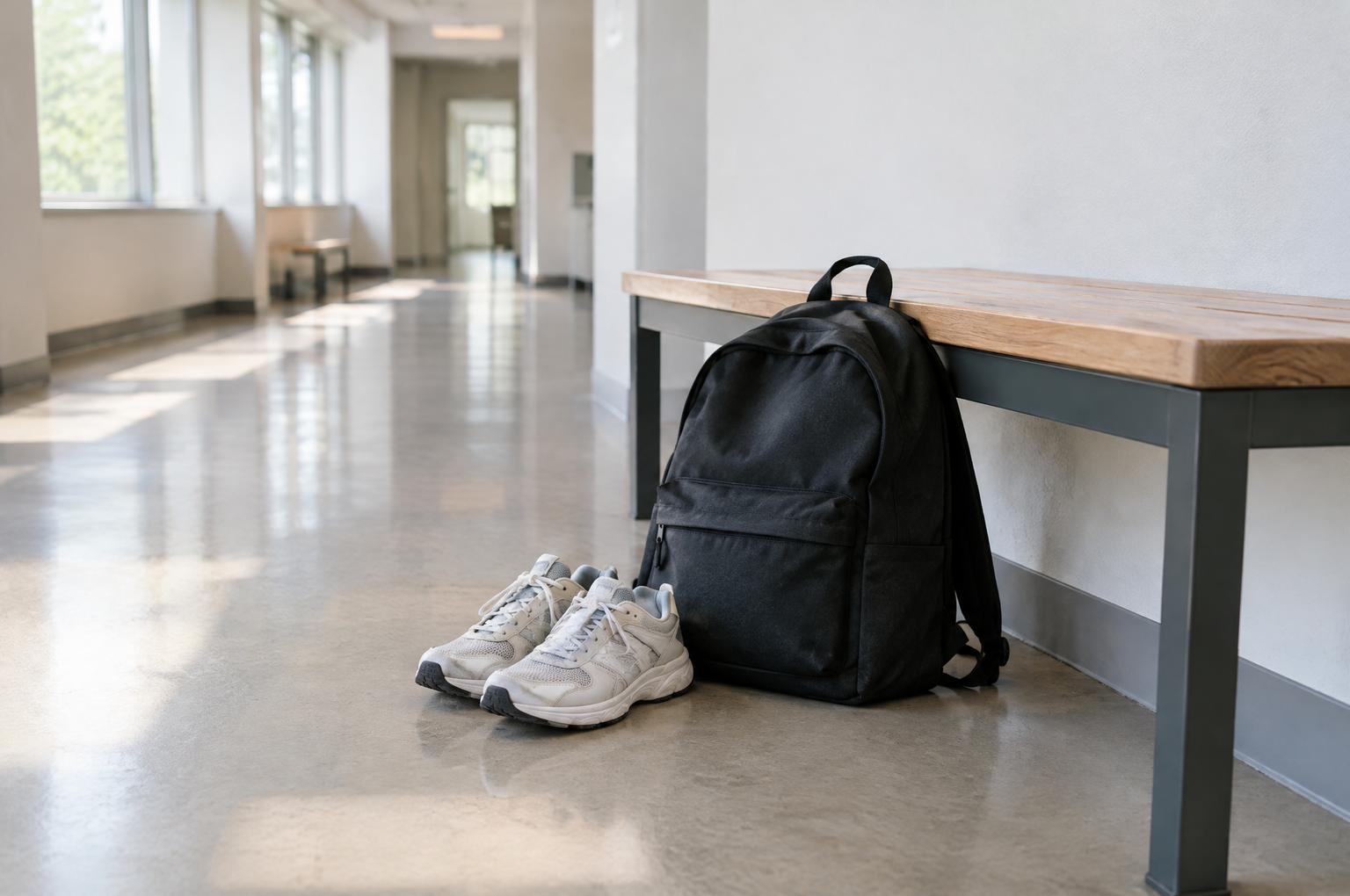 Rucksack und Turnschuhe neben einer Bank in einem hellen Flur, Tageslicht. Bild mit KI erstellt.