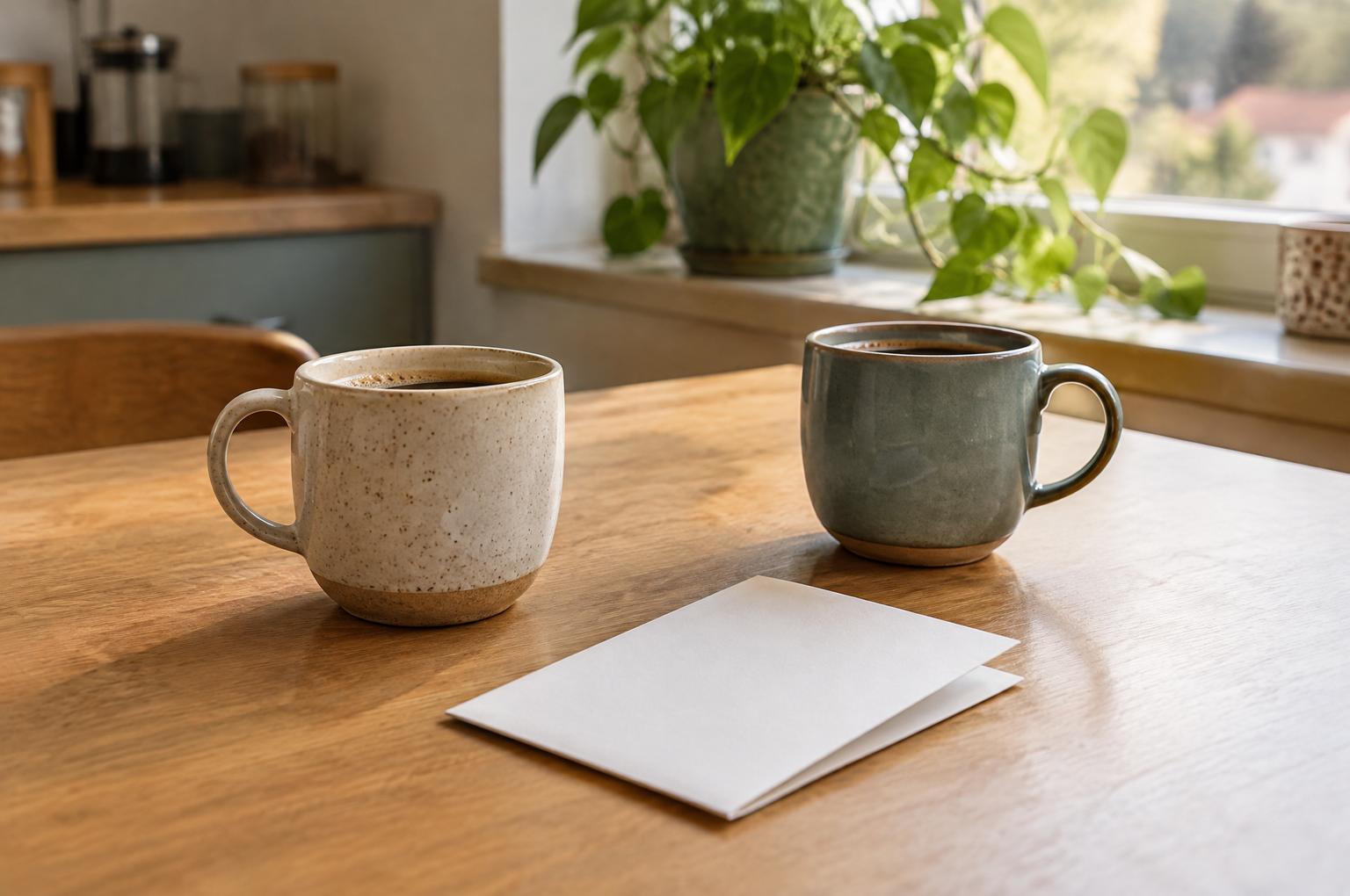 Zwei Kaffeetassen und ein gefalteter Zettel auf einem Tisch in einer Teeküche. Bild mit KI erstellt.