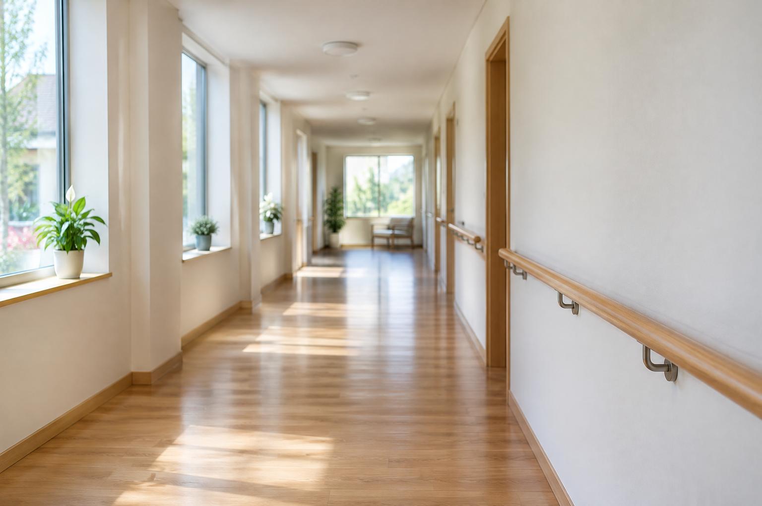 Heller Flur eines Pflegeheims mit Handlauf, Holzboden und Fensterlicht, leer. Bild mit KI erstellt.