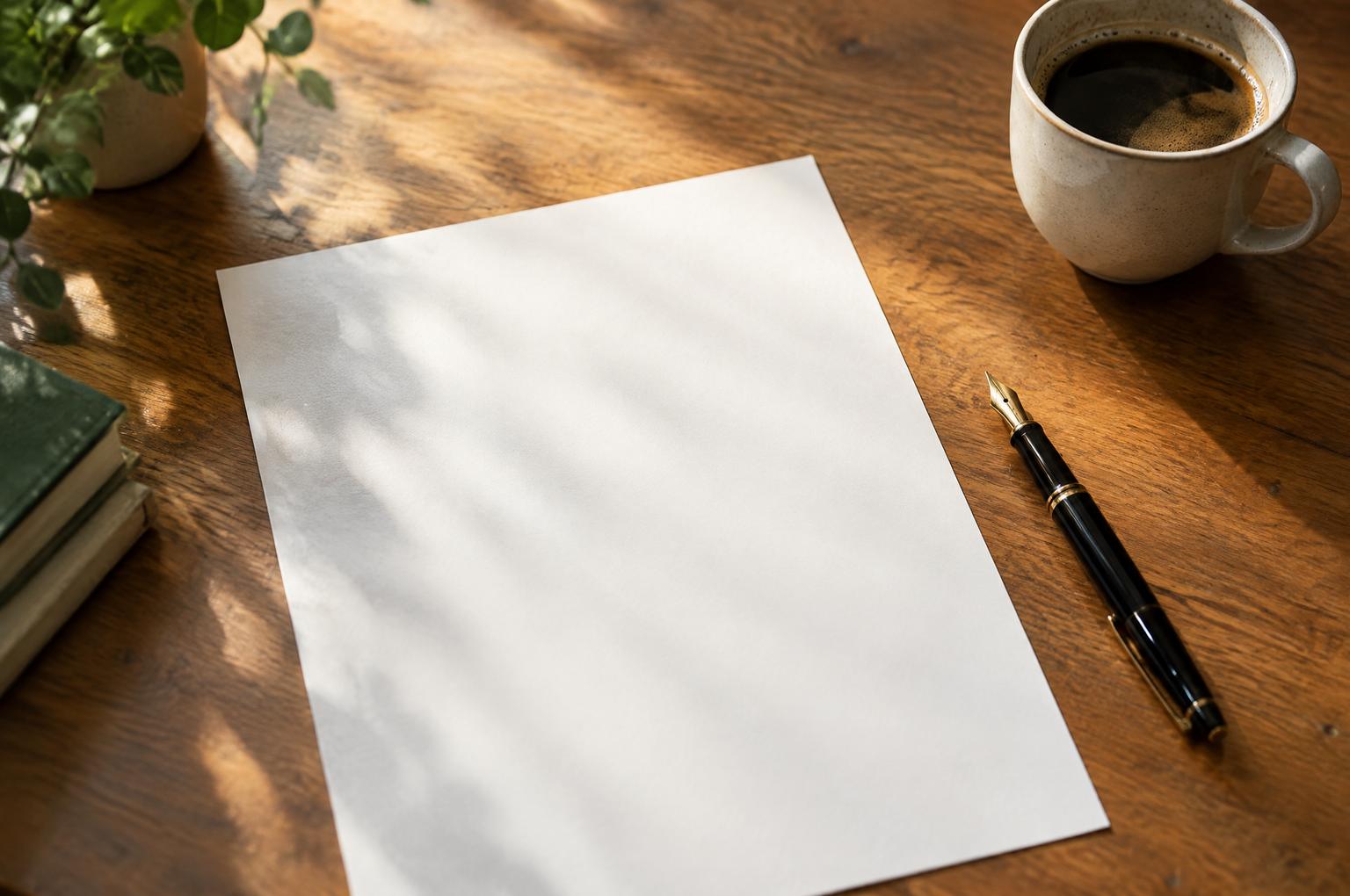 Schreibtisch mit leerem Blatt Papier, Füller und Kaffeetasse im warmen Seitenlicht. Bild mit KI erstellt.